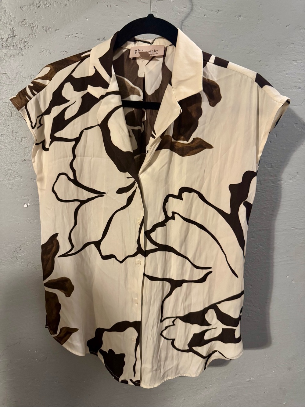 Philosophy Brown & White Floral Button-Down Cap-Sleeve Top